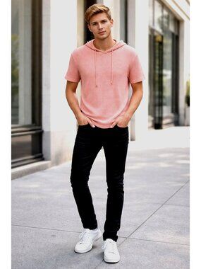 Forever 21 Men Large Pink Waffle Knit Short Sleeve Hooded Tee Casual Resort Soft